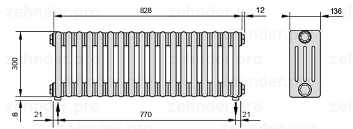 Схема (чертеж) Радиатор Zehnder Charleston 4030/18 №3570 Белый глянцевый RAL 9016